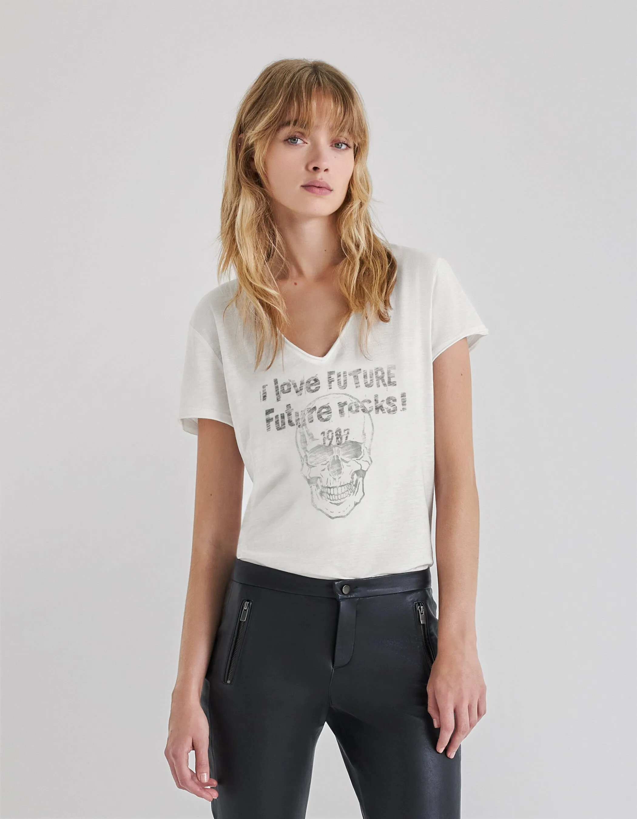 Tee-shirt blanc coton bio visuel tête de mort Femme