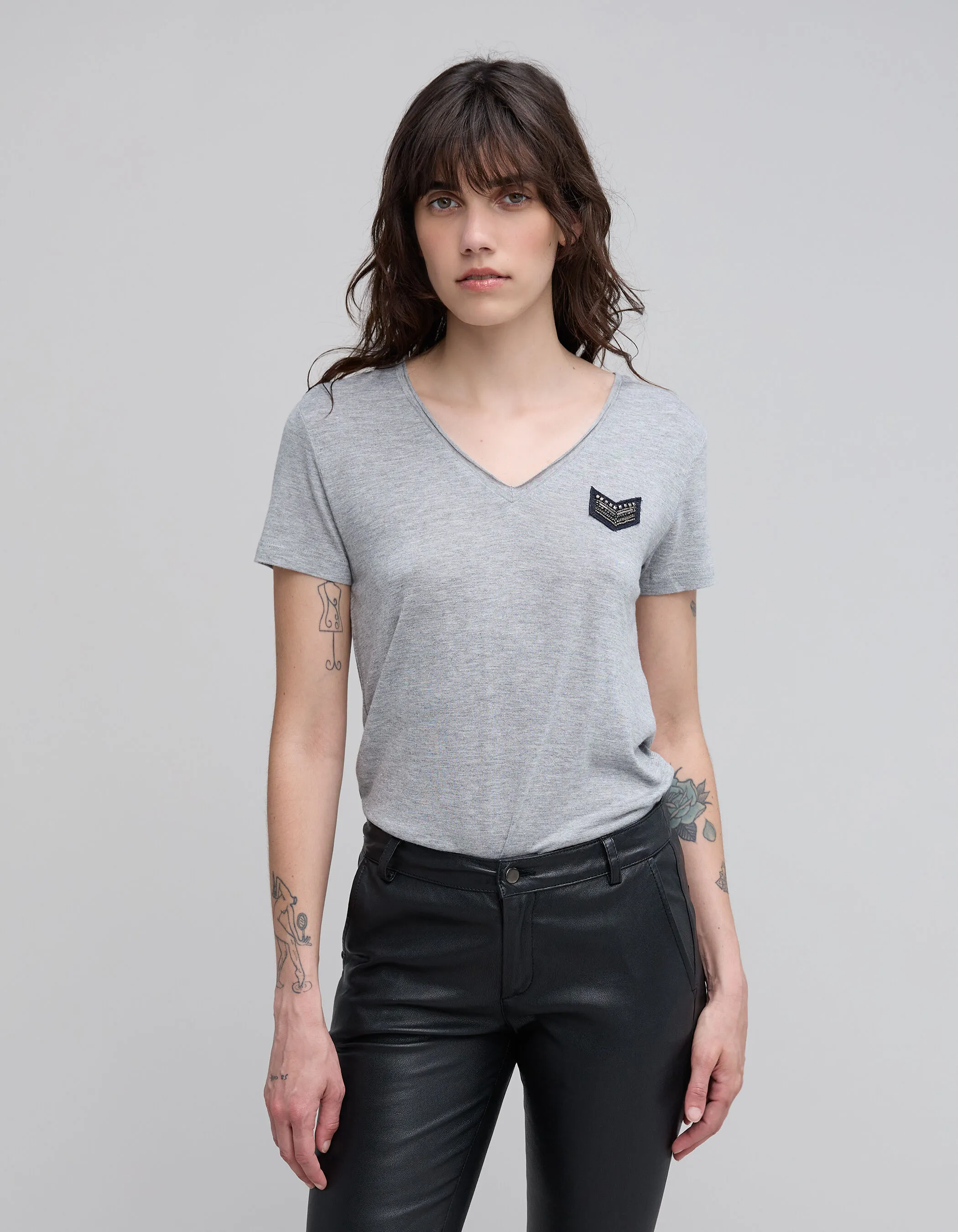 Tee-shirt col V gris clair chiné femme