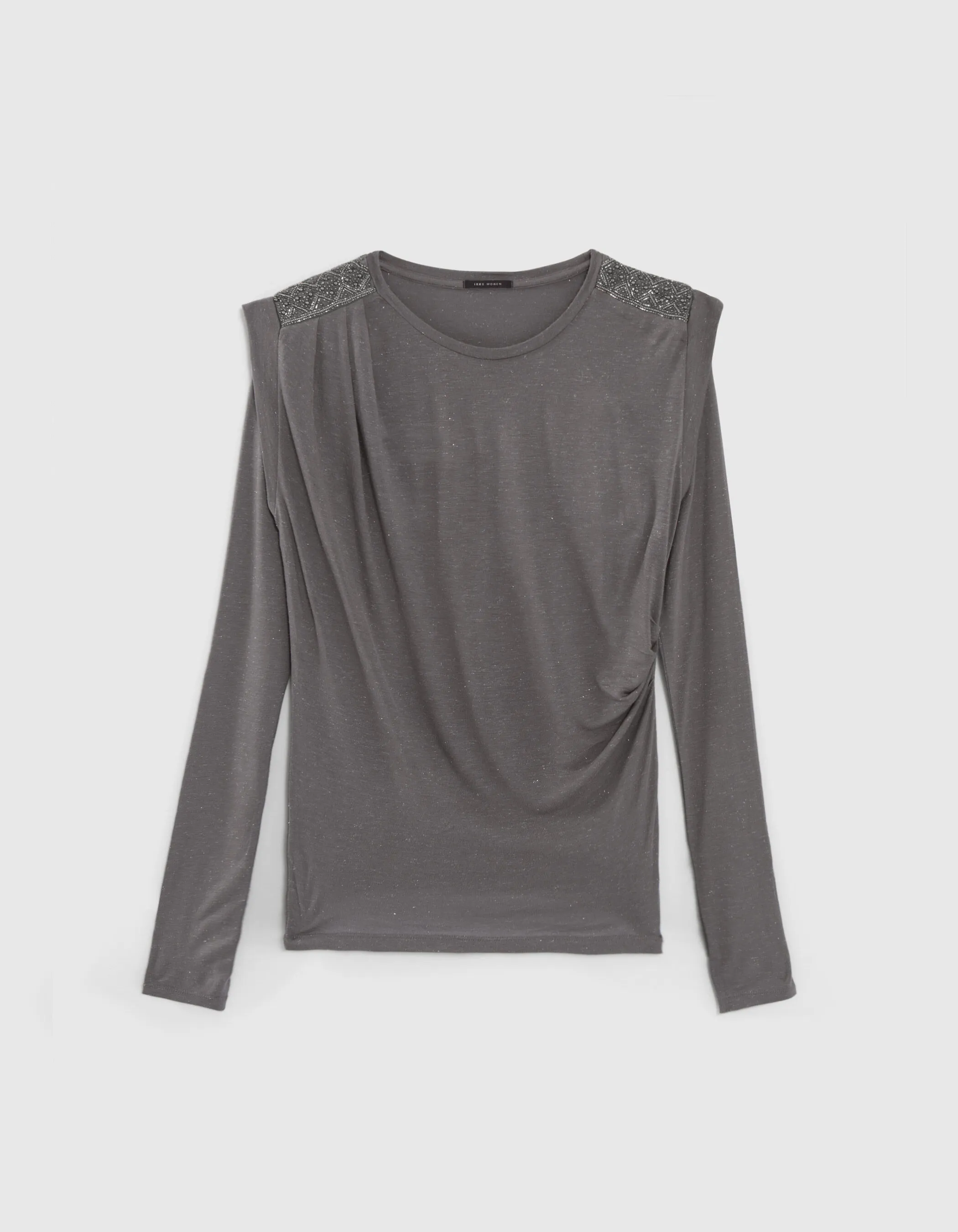 Tee-shirt gris décor micro perles aux épaules Femme