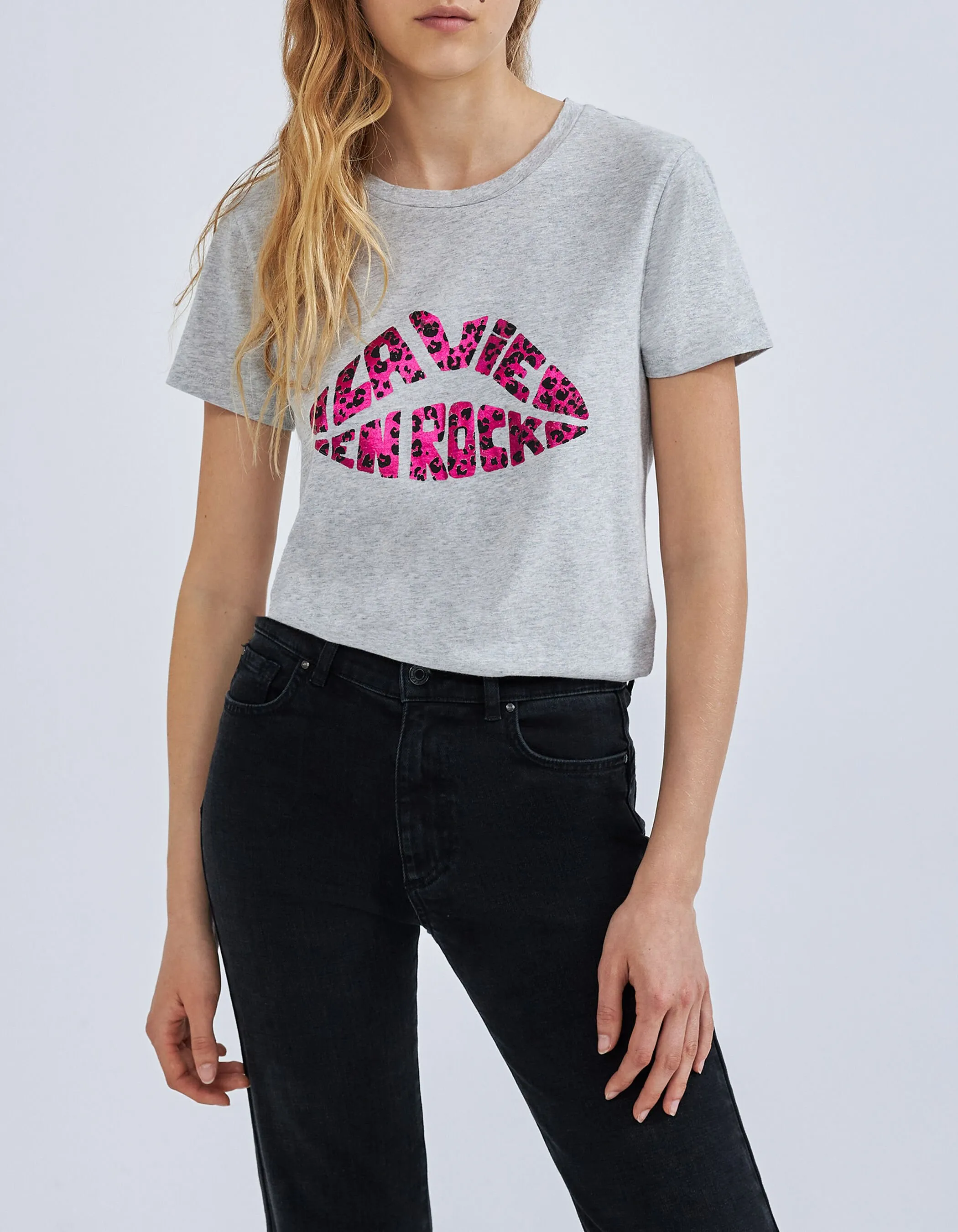 Tee-shirt gris message forme bouche Femme