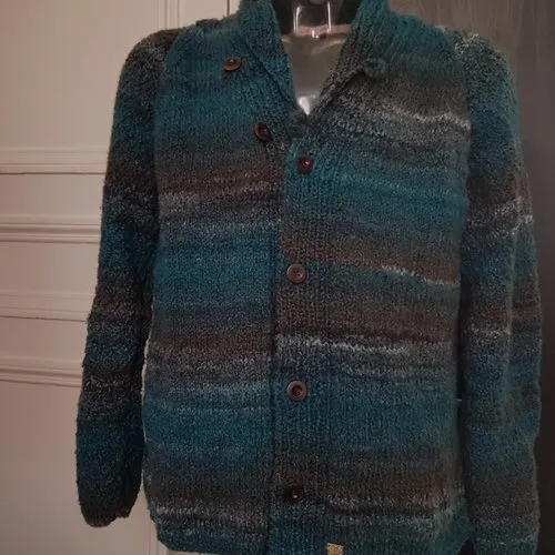 Veste col châle pour homme, taille xl, au tricot, fait à la main, vert et marron, en acrylique et laine, gilet original, asymétr