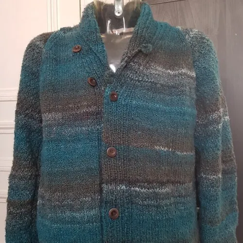 Veste col châle pour homme, taille xl, au tricot, fait à la main, vert et marron, en acrylique et laine, gilet original, asymétr