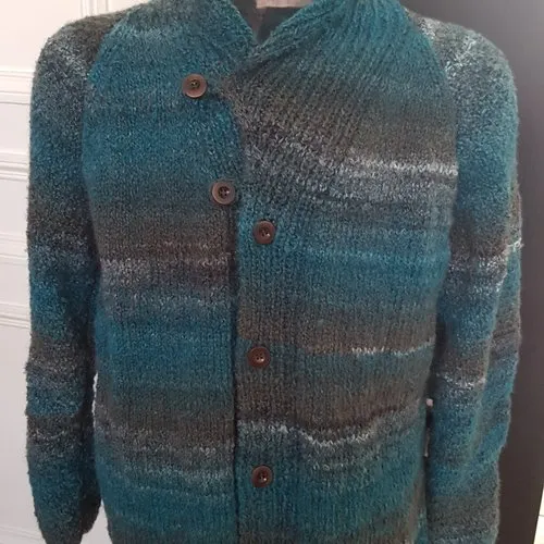 Veste col châle pour homme, taille xl, au tricot, fait à la main, vert et marron, en acrylique et laine, gilet original, asymétr